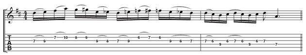 Marty Friedman on breaking out of a rut Example 4 - Resolving outside ideas: This lick starts really outside but finishes off with a strong D major scale idea so that everything resolves.